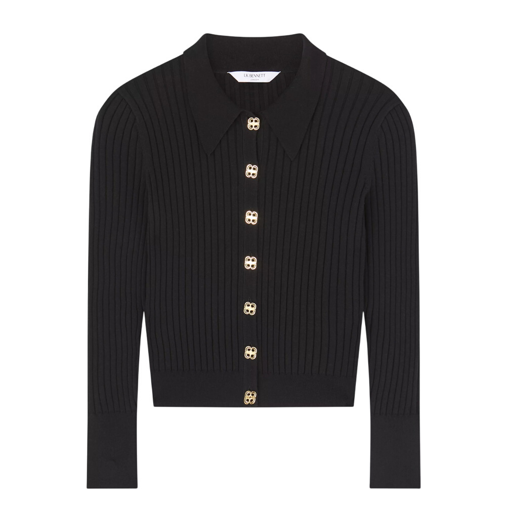 L.K. Bennett Willow Black Cotton Rib Collar Cardigan